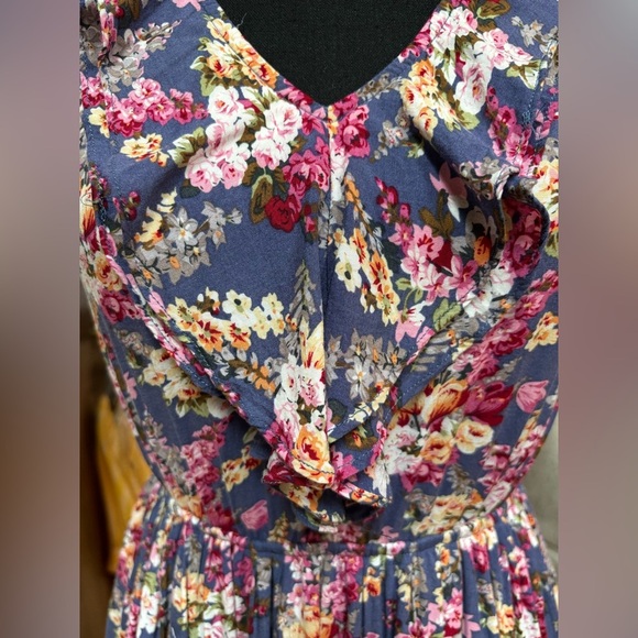 DOE & RAE BLUE/PINK FLORAL SLEEVELESS RUFFLE V-NECK CRUISE WEAR MAXI DRESS SZ S - Picture 6 of 9